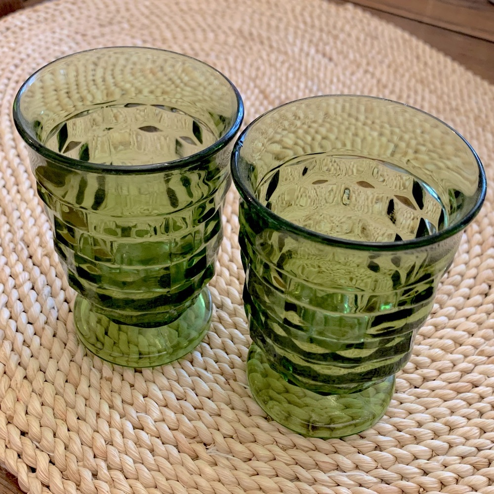 Vintage Set of 2 Small Avocado Green Indiana Glass Whitehall Juice Cups